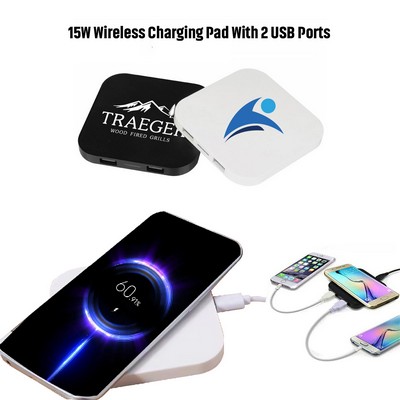 15W Wireless Charging Pad For Cell Phones With 2 USB Charging Ports